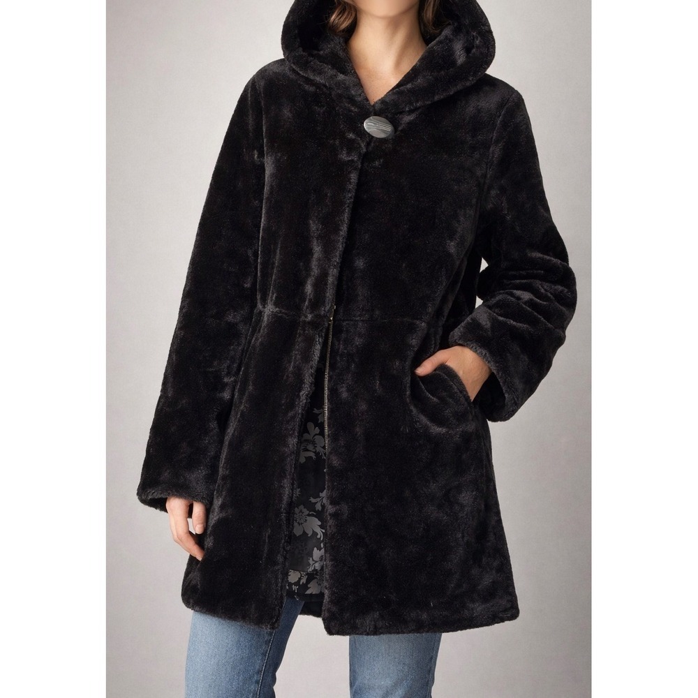 Dennis Basso Faux Fur Coat Womens L Black Hooded Plush Jacket Soft Lined